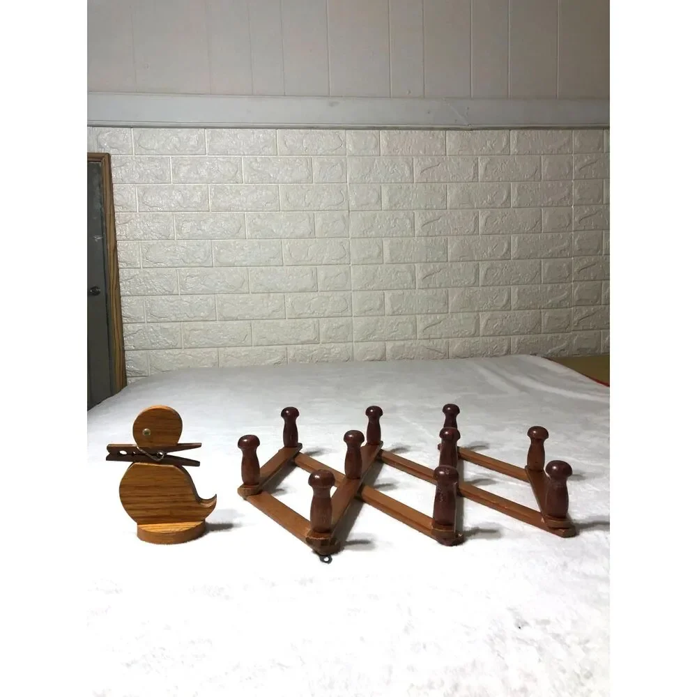 Set Vtg Wood Accordion Wall Rack 10 Peg Mug Holder 13